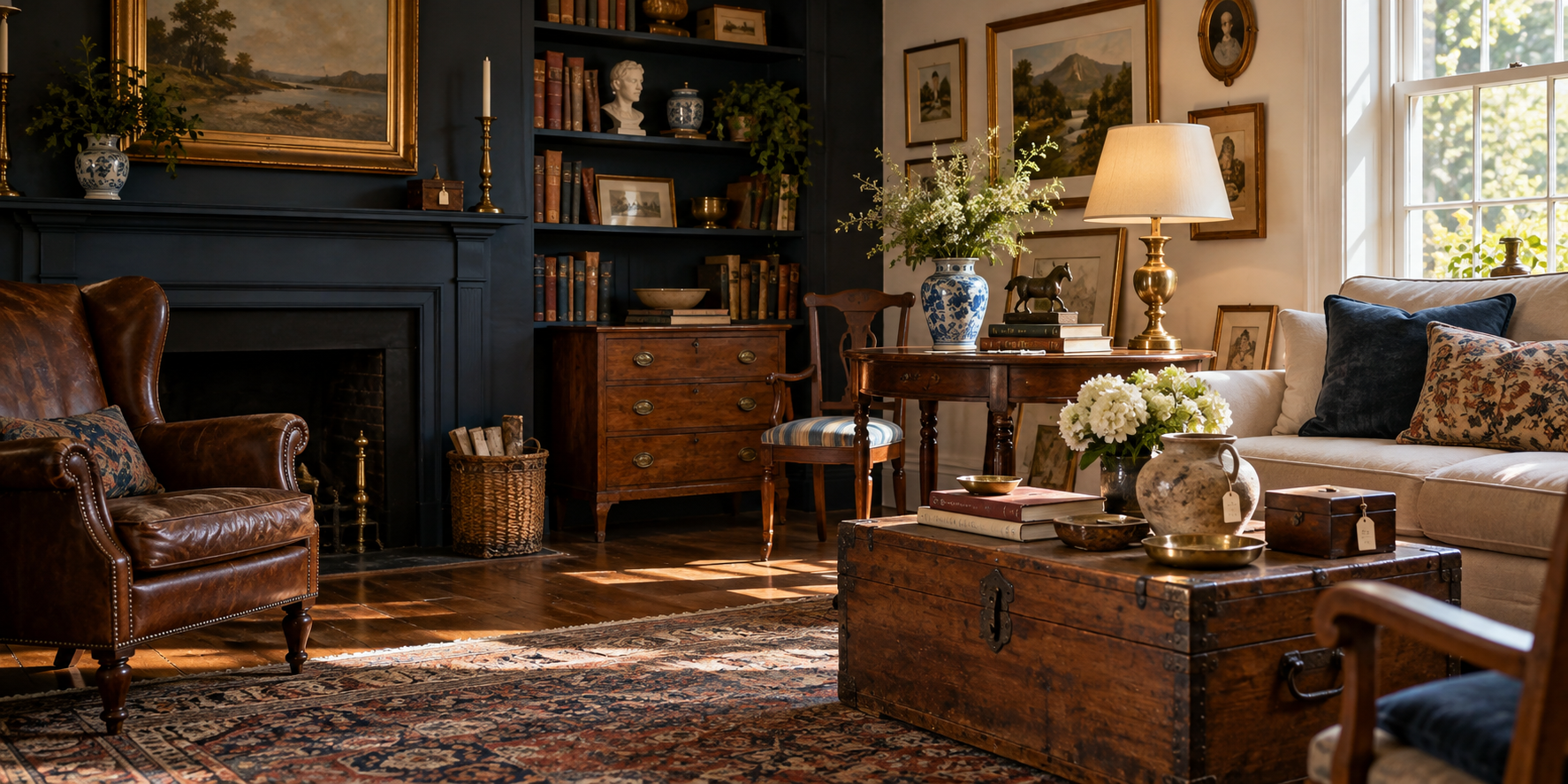 A welcoming room filled with vintage estate-sale furniture, art, books and collectibles